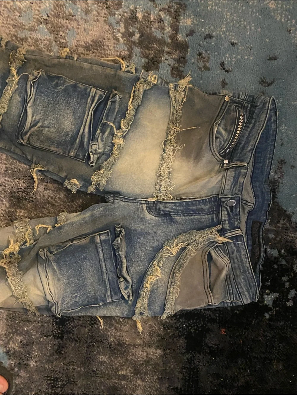 Men's Skinny Distressed Washed Blue Jeans - Frayed Panel Detail - Picture 4 of 7